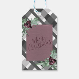 Étiquettes-cadeau Gris Tartan violet Floral Joyeux Noël