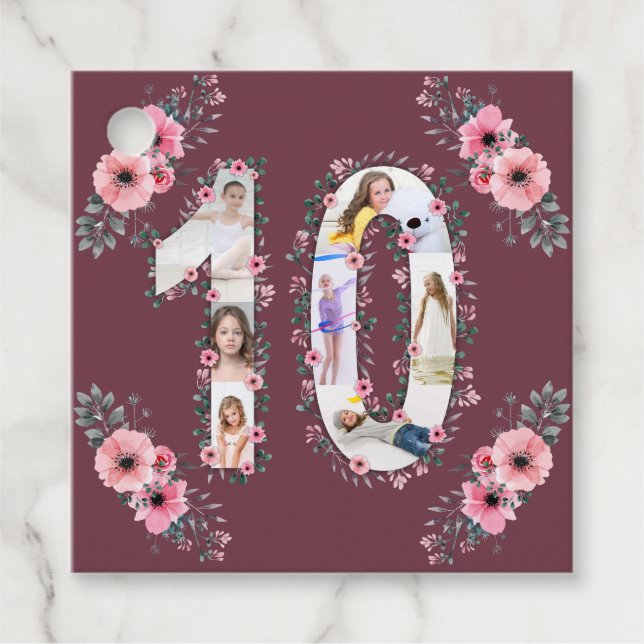 Étiquettes Cadeau Gros 10e anniversaire fille photo Collage Fleur ro (Devant)