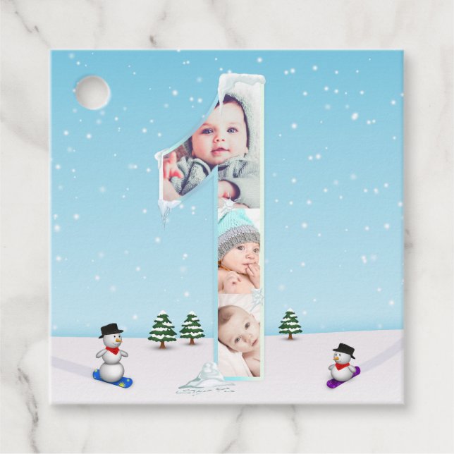 Étiquettes Cadeau Gros 1er anniversaire hiver glace neige Collage ph (Devant)