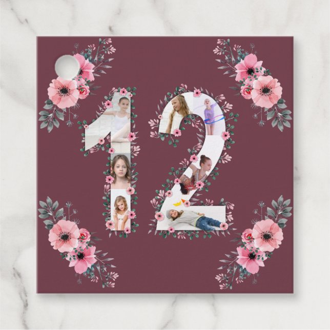 Étiquettes Cadeau Grosse 12ème fille Anniversaire Photo Collage Fleu (Devant)