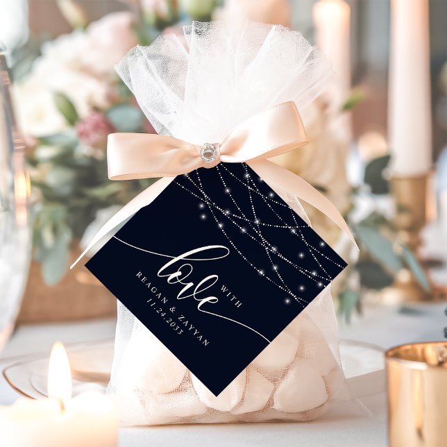 Étiquettes Cadeau Guirlandes Lumineuses Bleu Nuit Élégant Mariage Av (Créateur téléchargé)
