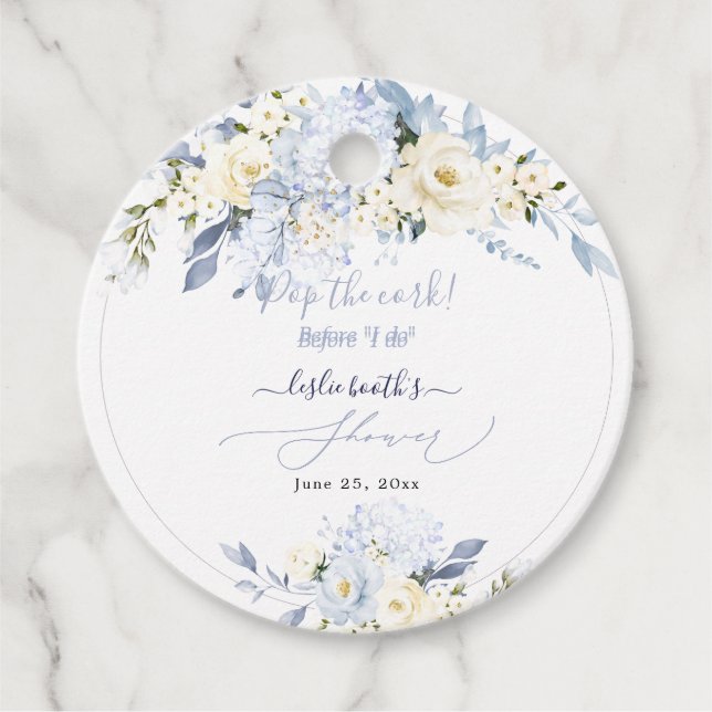 Étiquettes Cadeau H2 Hydrangea Bleues Roses Crème Shower de Mariée (Devant)