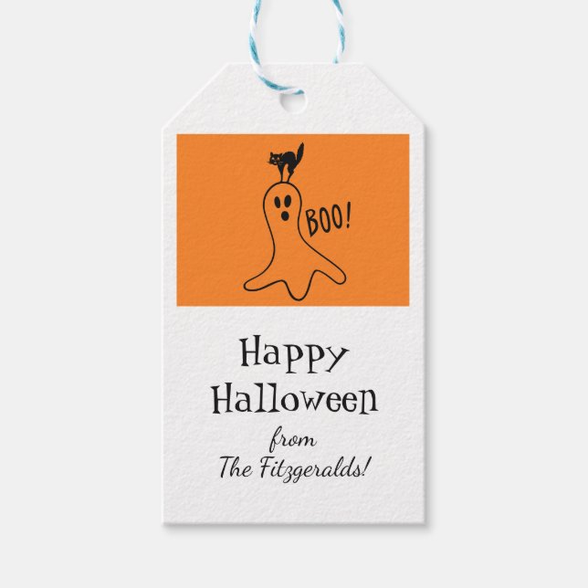 Étiquettes-cadeau Halloween blanc Orange Chat Fantôme (Devant)