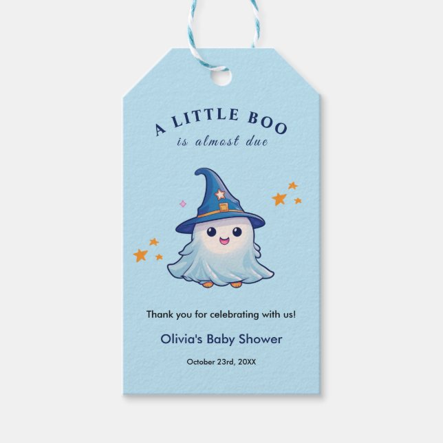 Étiquettes-cadeau Halloween Bleu Un Petit Baby shower Boo (Devant)