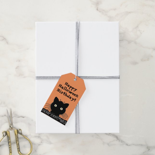 Étiquettes-cadeau Halloween Chat Noir Rétro Anniversaire (Avec de la ficelle)