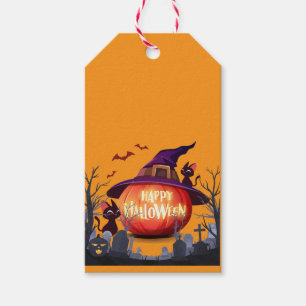 Étiquettes-cadeau Halloween Citrouille, Chats et sorcière Ha