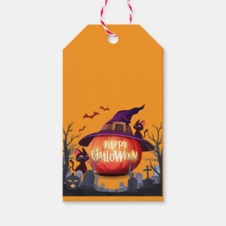 Étiquettes-cadeau Halloween Citrouille, Chats et sorcière Ha