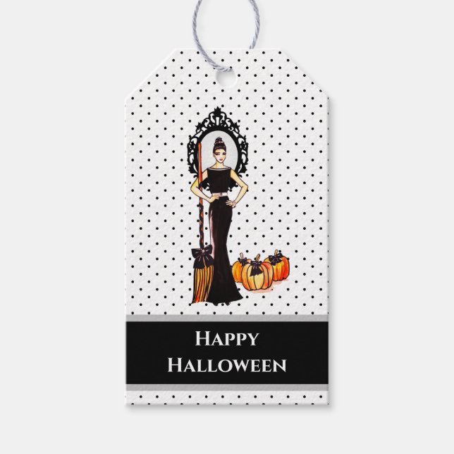 Étiquettes-cadeau Halloween Classic Élégante Robe Noire Longue Mode (Devant)