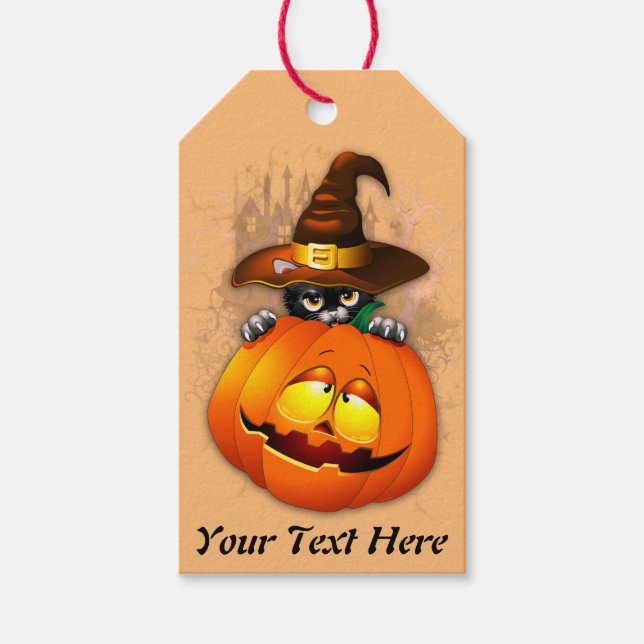 Étiquettes-cadeau Halloween Cute Kitty Witch et ami Citrouille (Devant)