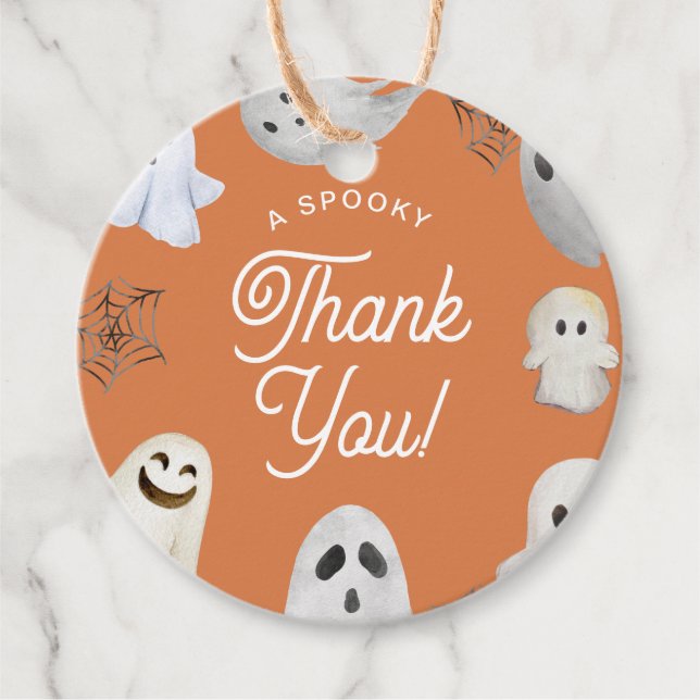 Étiquettes Cadeau Halloween Éffrayant Merci Orange fantômes (Devant)