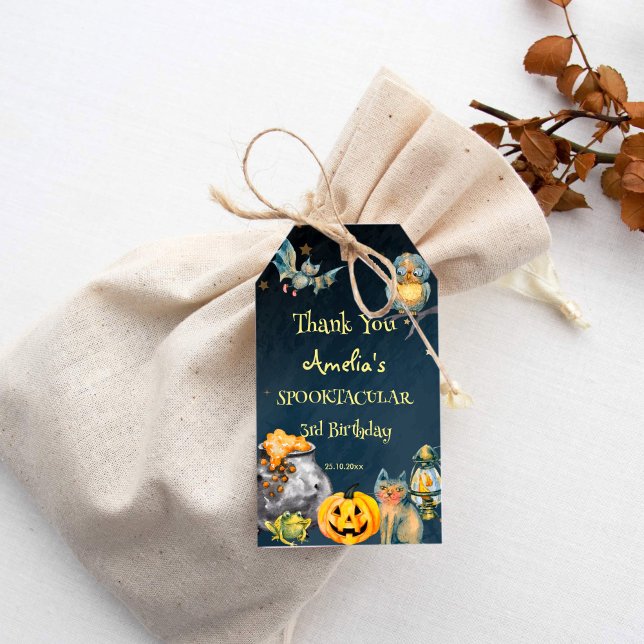 Étiquettes-cadeau Halloween éffrayant spotacular anniversaire faveur (Halloween birthday party thank you favor gift tags template dark night brewing pot pumpkin bat owl)