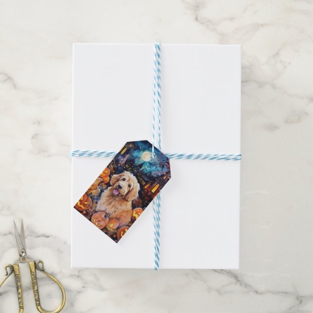 Étiquettes-cadeau Halloween Goldendoodle avec la peur Citrouille (Avec de laficelle)