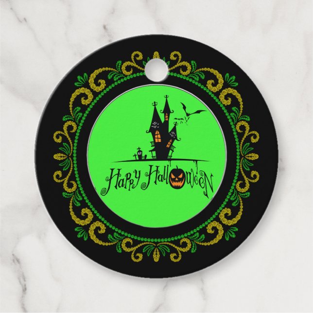 Étiquettes Cadeau Halloween Jaune Green Happy Haunween Maison hantée (Devant)