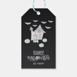 Étiquettes-cadeau Halloween la nuit avec Haunted House, chauves-sour