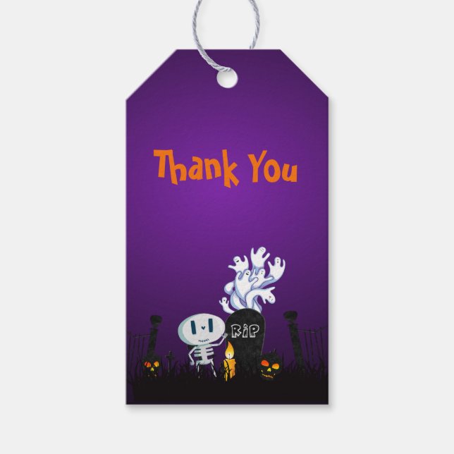 Étiquettes-cadeau Halloween Merci Éffrayant mignet Squelette & Fantô (Devant)