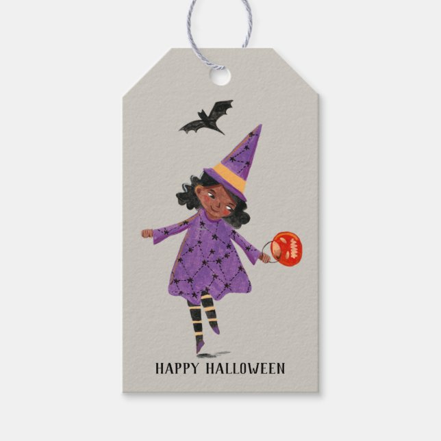 Étiquettes-cadeau Halloween mignon gris et violet Trick and Treat (Devant)