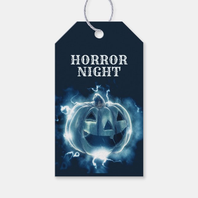 Étiquettes-cadeau Halloween Parti mal bleu Citrouille Horreur (Devant)