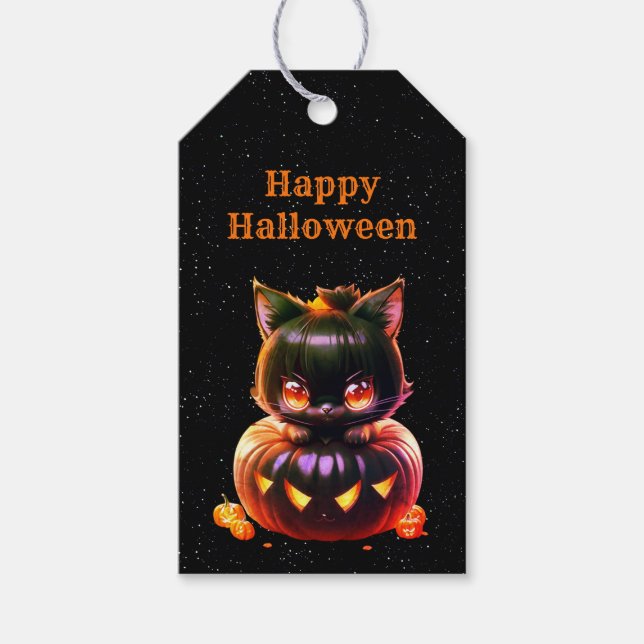 Étiquettes-cadeau Halloween Party Chat noir Citrouille Horreur (Devant)