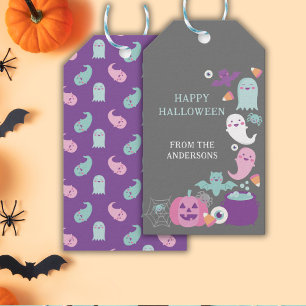 Étiquettes-cadeau Halloween rose mignon, fantômes, chauve-souris et 