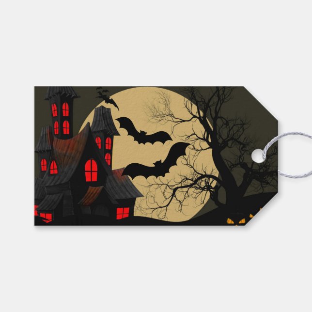 Étiquettes-cadeau Halloween Rouge noir Haunted Maison Pleine lune ch (Devant (Horizontal))