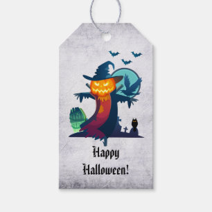 Étiquettes-cadeau Halloween Scarecrow With Bats Crow and Owl