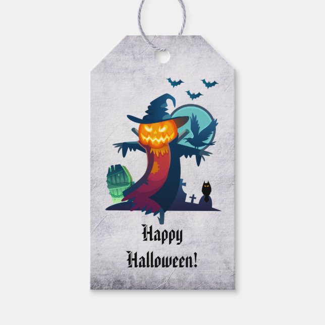 Étiquettes-cadeau Halloween Scarecrow With Bats Crow and Owl (Devant)