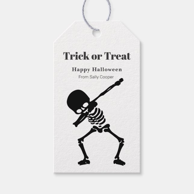 Étiquettes-cadeau Halloween Squelette Dabbing Tricot ou traitement (Devant)