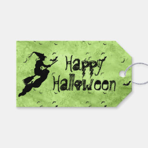 Étiquettes-cadeau Halloween Witch & Bats Silhouette Green Grunge