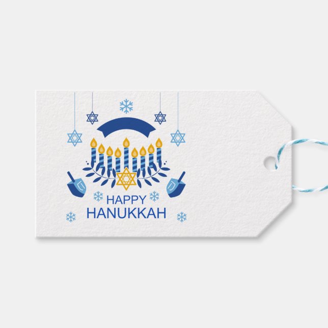 Étiquettes-cadeau Hanoukka Blue Gold Menorah Dreidel Snowflakes (Devant (Horizontal))