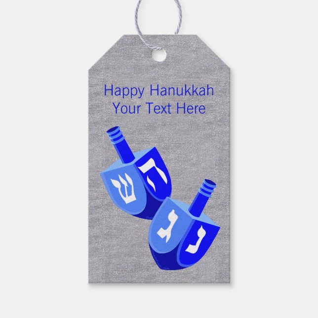 Étiquettes-cadeau Hanoukka Dreidels En Design Amusant Bleu Pour Enfa (Devant)