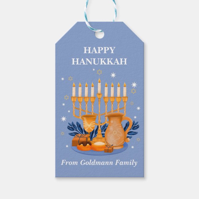 Étiquettes-cadeau Hanoukka moderne Blue & Gold Happy (Devant)