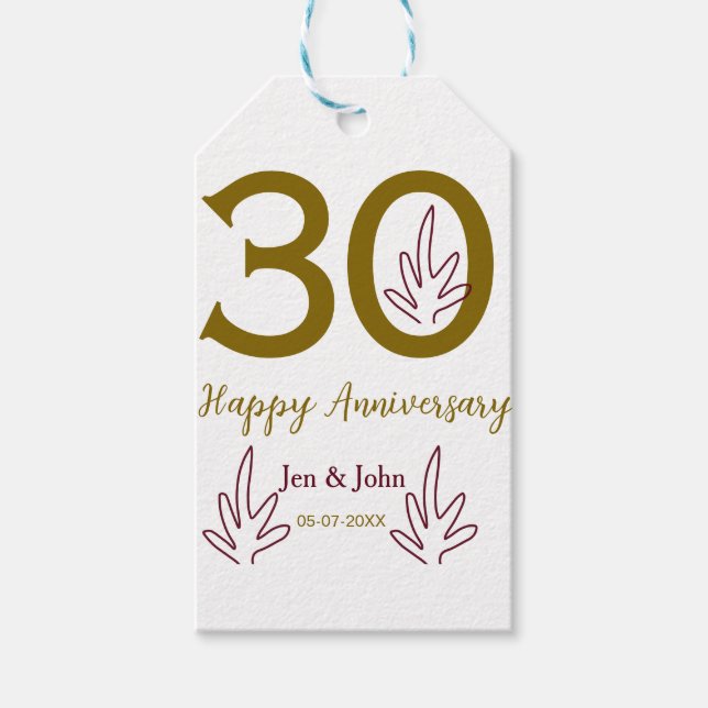 Étiquettes-cadeau Happy 30th anniversary name date golden red leaf (Devant)