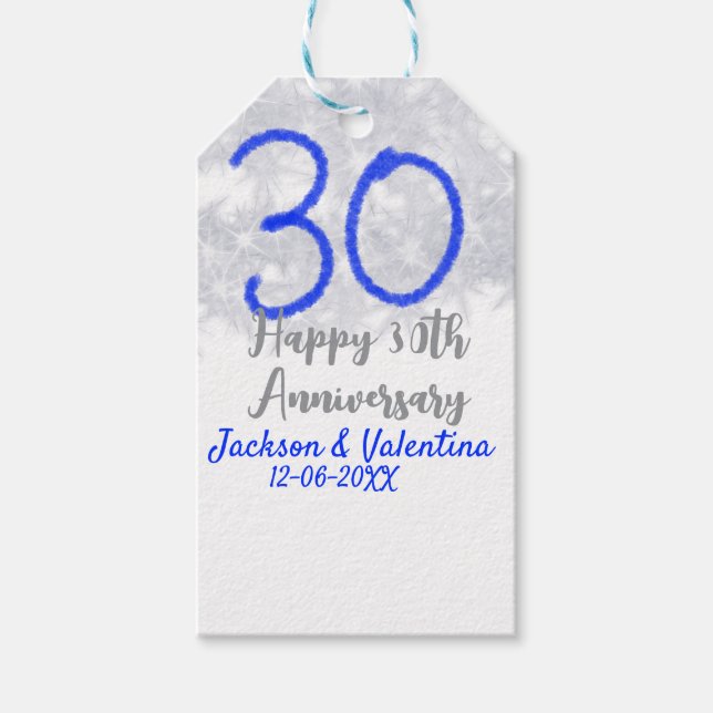 Étiquettes-cadeau Happy 30th wedding anniversary silver blue glitter (Devant)