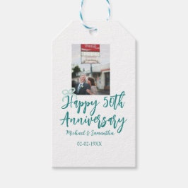 Étiquettes-cadeau Happy 50th anniversary photo turquoise bow name da