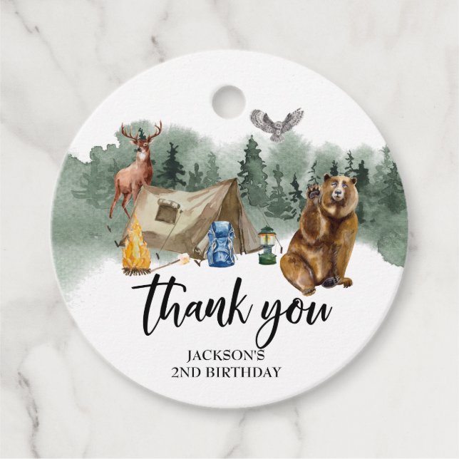 Étiquettes Cadeau Happy Camper Bear Merci Anniversaire Favoriser (Devant)