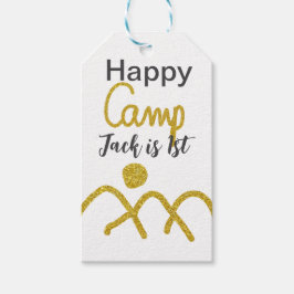 Étiquettes-cadeau Happy camping camper one birthday kids golden sun