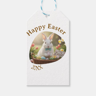 Étiquettes-cadeau Happy Easter white bunny year photo family name 