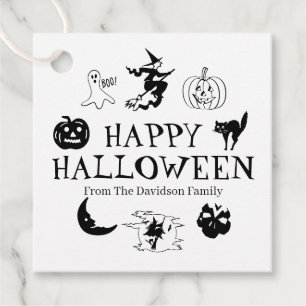 Étiquettes Cadeau Happy Halloween nom personnalisé noir blanc éffray