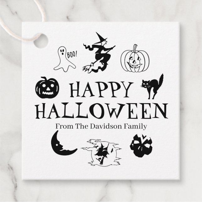 Étiquettes Cadeau Happy Halloween nom personnalisé noir blanc éffray (Devant)