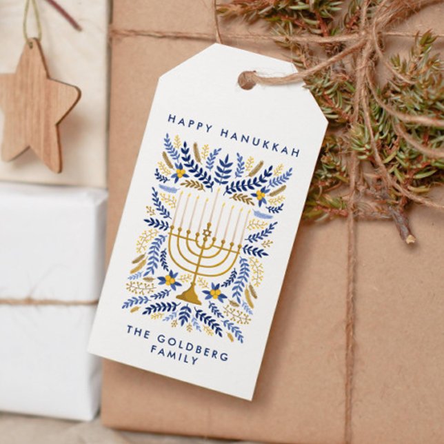 Étiquettes-cadeau Happy Hanoukka Festive Aquarelle Menorah FOLIAGE (HANUKKAH GIFT TAG WITH MENORAH AND WHEAT FOLIAGE AND LINES OF CUSTOM TEXT)