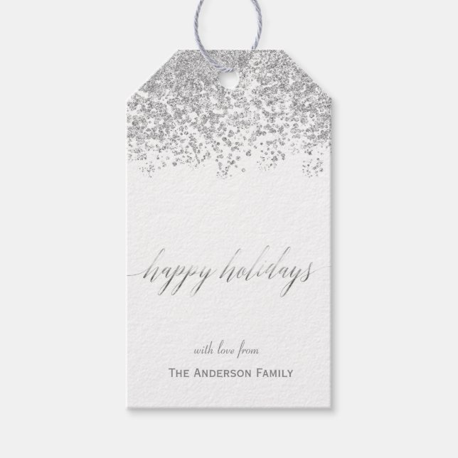 Étiquettes-cadeau Happy Holidays argent parties scintillant étiquett (Devant)