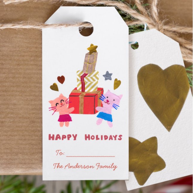 Étiquettes-cadeau Happy Holidays chats chatons et présente blanc (Créateur téléchargé)