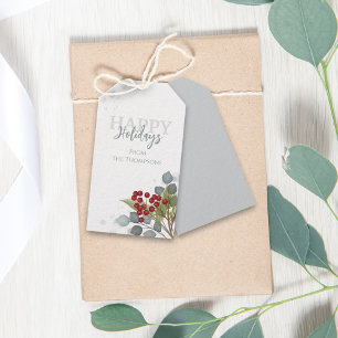 Étiquettes-cadeau Happy Holidays Winter Red Holly Berries Elegant 