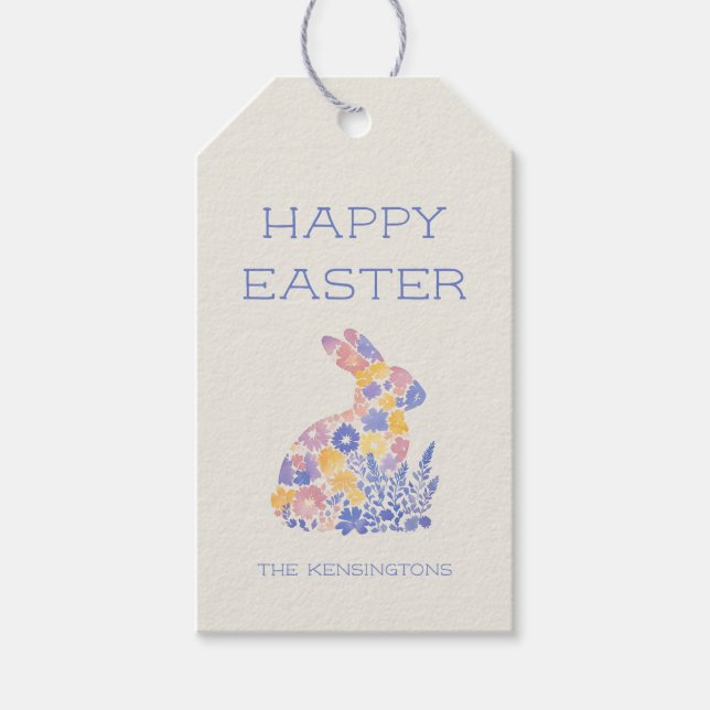 Étiquettes-cadeau Happy Pâques Moderne Aquarelle Lapin Floral (Devant)