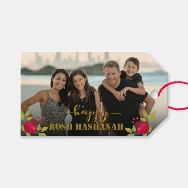 Étiquettes-cadeau Happy Rosh Hashanah Luxury Gold Script Photo (Devant (Horizontal))