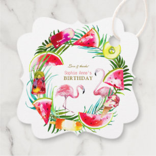 Étiquettes Cadeau Hawaiian Green Fruits Birds Pool Anniversaire