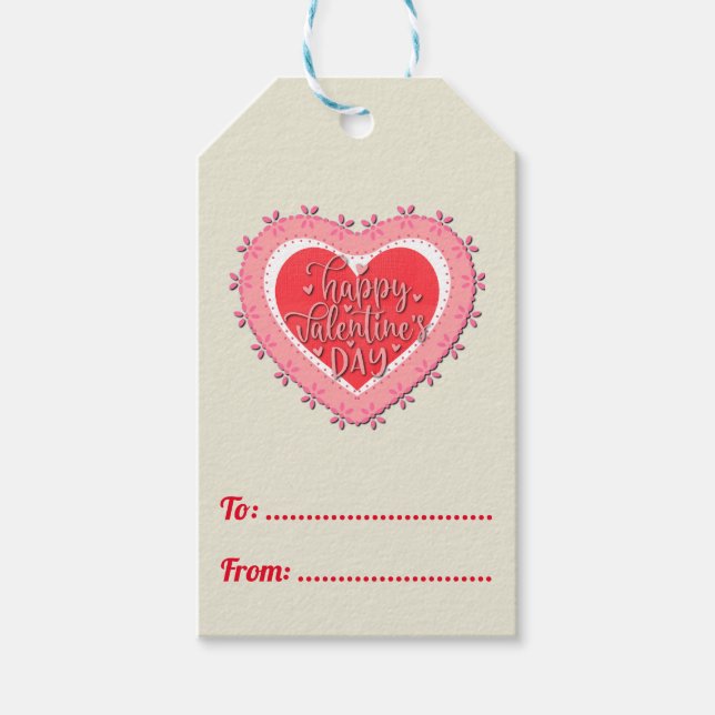 Étiquettes-cadeau Heureuse Sainte-Valentin sur Gi Coeur et Fleurs Ro (Devant)