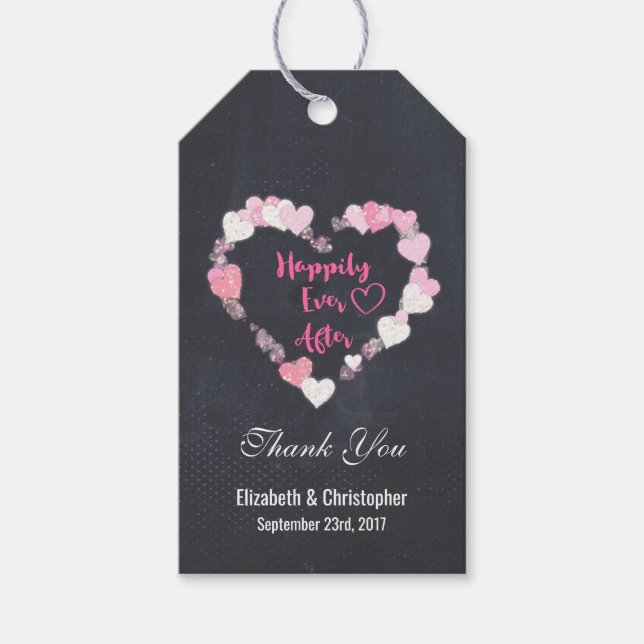 Étiquettes-cadeau Heureux Jamais après les Coeurs Rose Mariage Merci (Devant)