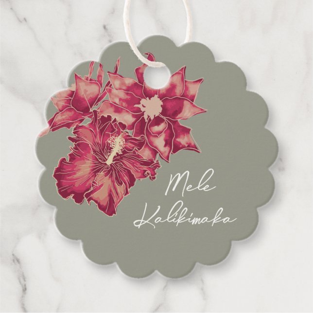 Étiquettes Cadeau Hibiscus de vacances, style hawaïen Noël (Devant)
