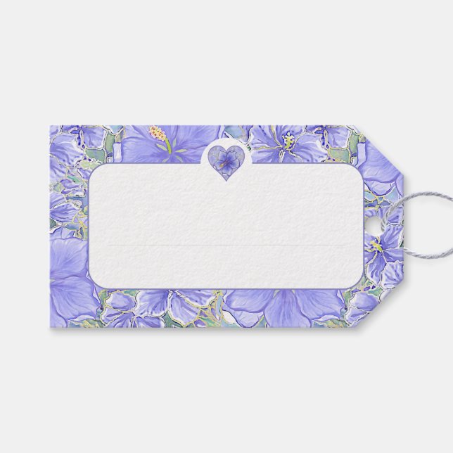 Étiquettes-cadeau Hibiscus & dentelle BLEU (Devant (Horizontal))